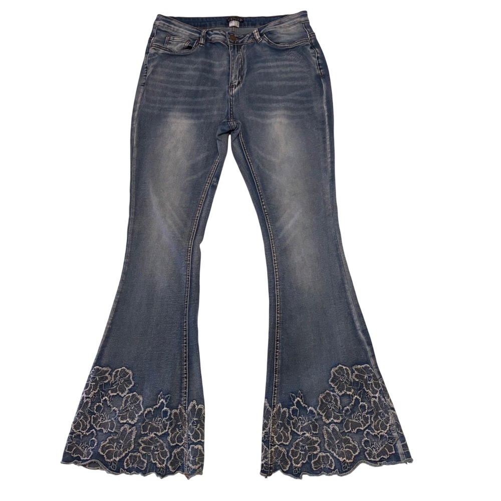 Venus Flare Jeans Womens 14 Blue Excellent Floral Embroidered Scalloped Hem